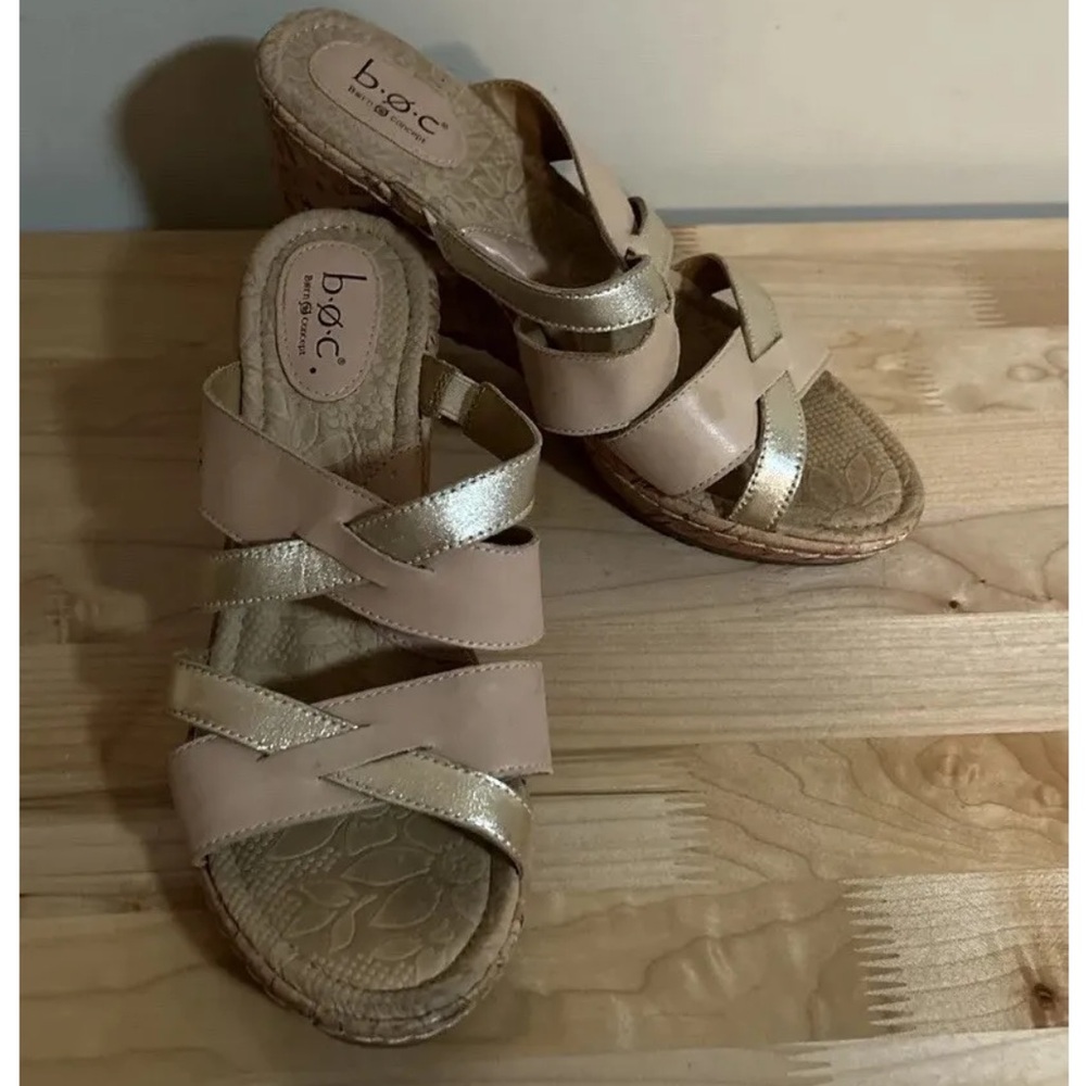 Born BOC Tan & Metallic Leather Strap Cork Wedge Heel Sandals Size 9